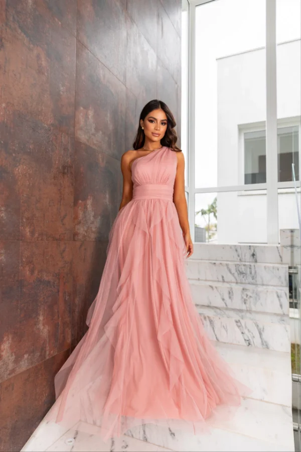 VESTIDO DE FESTA LONGO UM OMBRO SÓ SAIA CASCATA GUARUJÁ